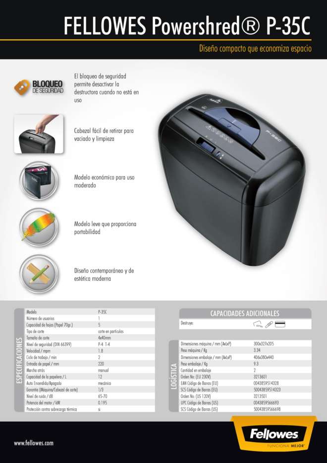 DESTRUCTORA FELLOWES P35 (particulas, 5 hojas, 12 litros)