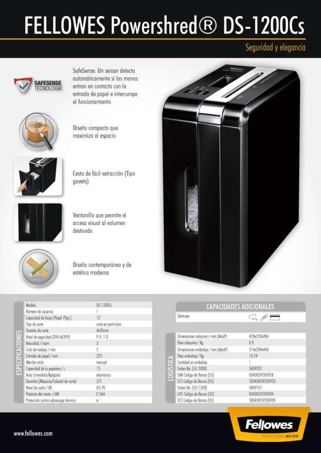 DESTRUCTORA FELLOWES DS-1200CS (particulas, 12 hojas)