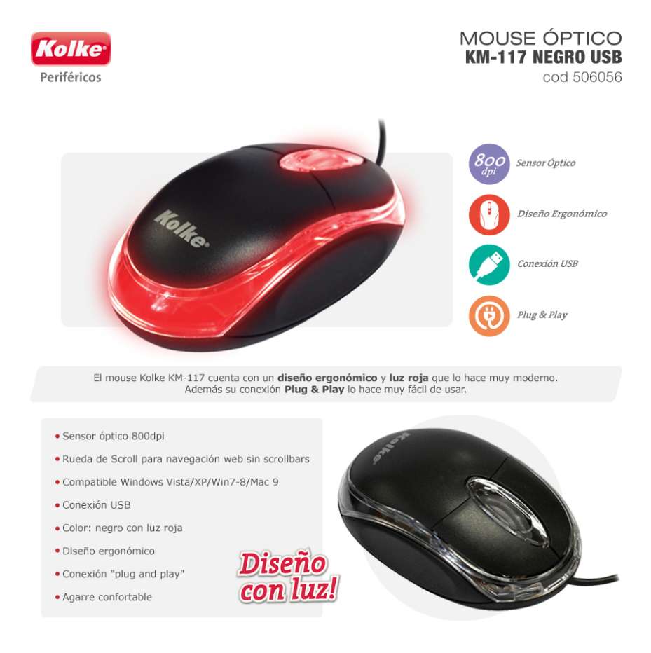 MOUSE KOLKE KM-117 USB ROJO - 625779 en DISTRICOMP